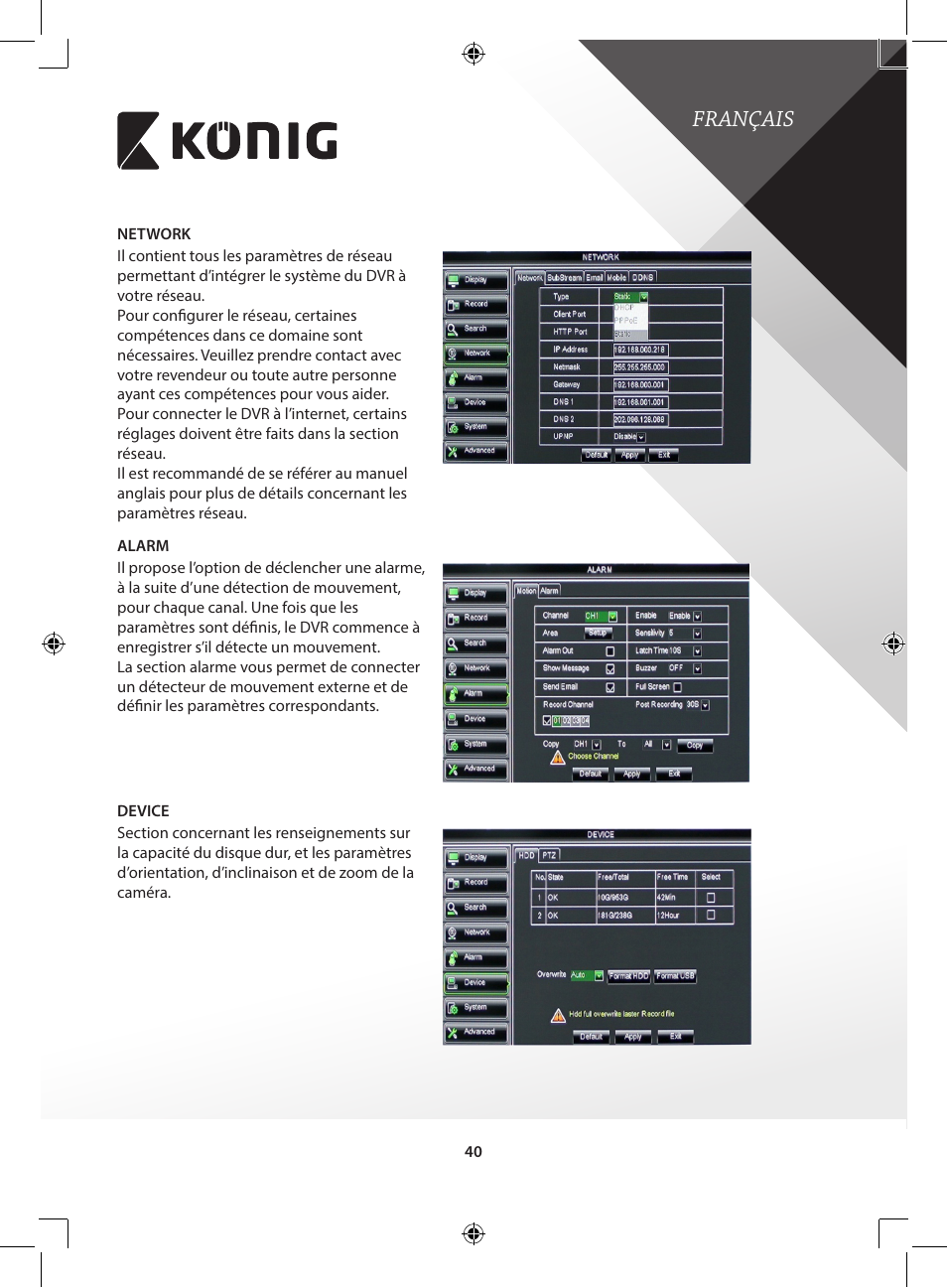 Français | Konig Electronic Digital video recorder with built-in 1 TB hard disk User Manual | Page 40 / 351