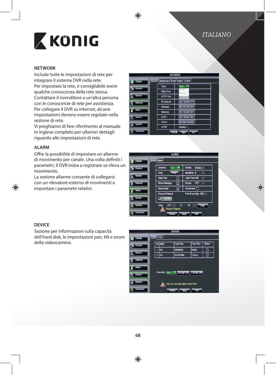 Italiano | Konig Electronic Digital video recorder with built-in 1 TB hard disk User Manual | Page 68 / 351