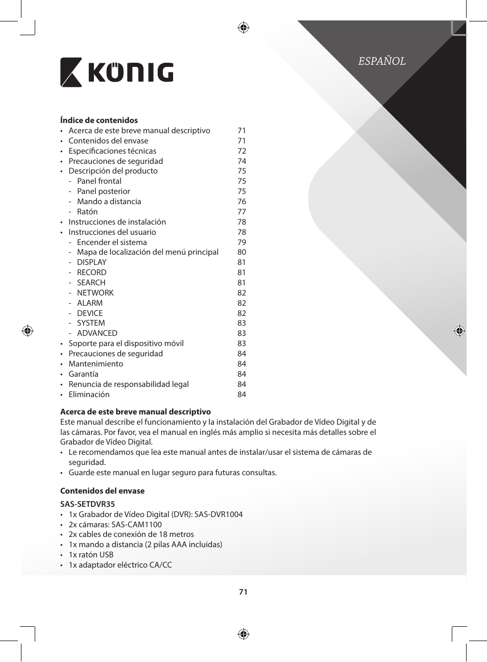 Español | Konig Electronic Digital video recorder with built-in 1 TB hard disk User Manual | Page 71 / 351