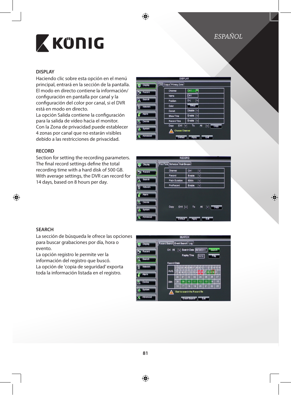 Español | Konig Electronic Digital video recorder with built-in 1 TB hard disk User Manual | Page 81 / 351