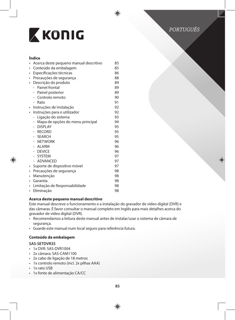 Português | Konig Electronic Digital video recorder with built-in 1 TB hard disk User Manual | Page 85 / 351