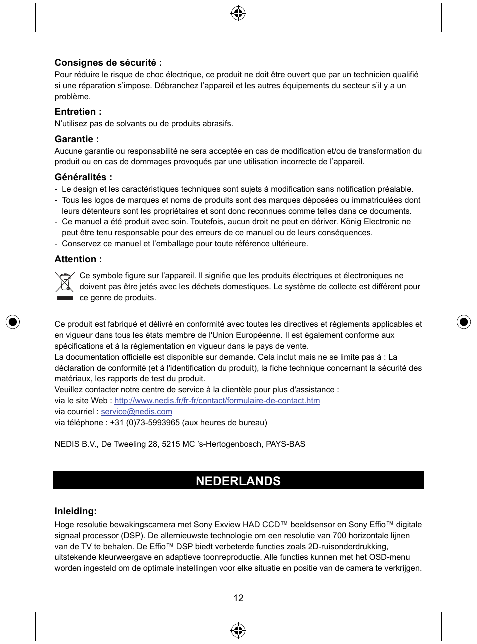 Nederlands | Konig Electronic Security camera with Sony Effio digital signal processor and varifocal lens User Manual | Page 12 / 64