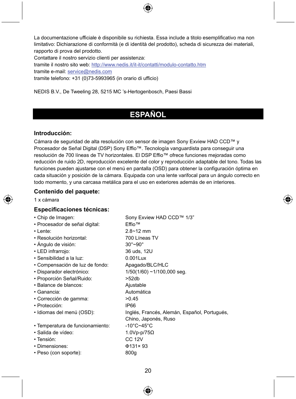 Español | Konig Electronic Security camera with Sony Effio digital signal processor and varifocal lens User Manual | Page 20 / 64