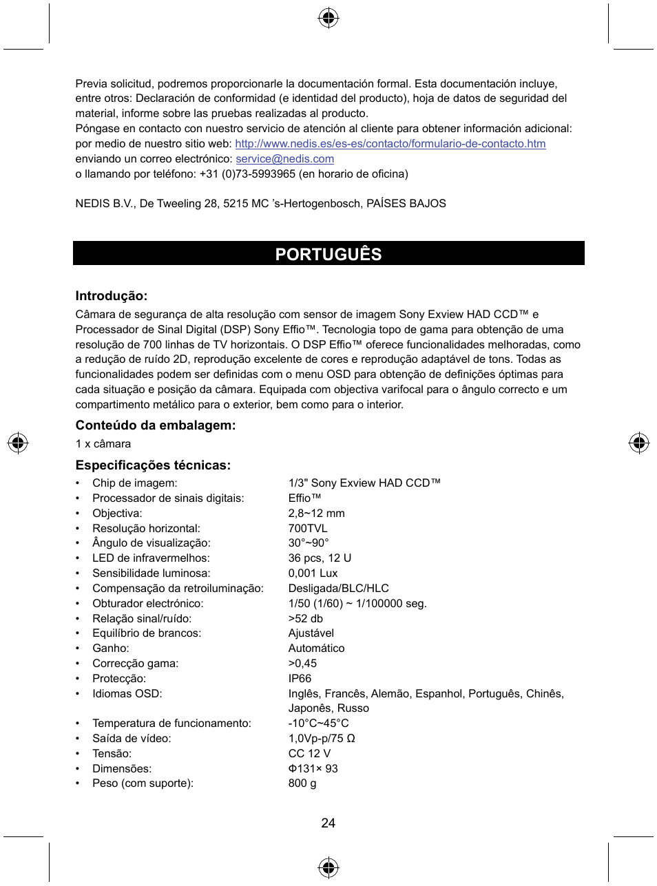 Português | Konig Electronic Security camera with Sony Effio digital signal processor and varifocal lens User Manual | Page 24 / 64