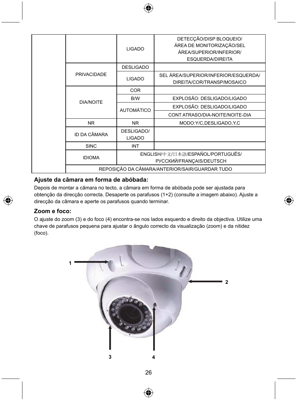 Ajuste da câmara em forma de abóbada, Zoom e foco | Konig Electronic Security camera with Sony Effio digital signal processor and varifocal lens User Manual | Page 26 / 64