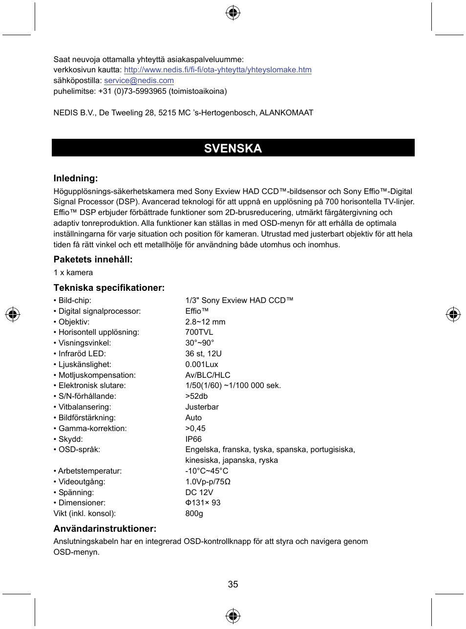 Svenska | Konig Electronic Security camera with Sony Effio digital signal processor and varifocal lens User Manual | Page 35 / 64