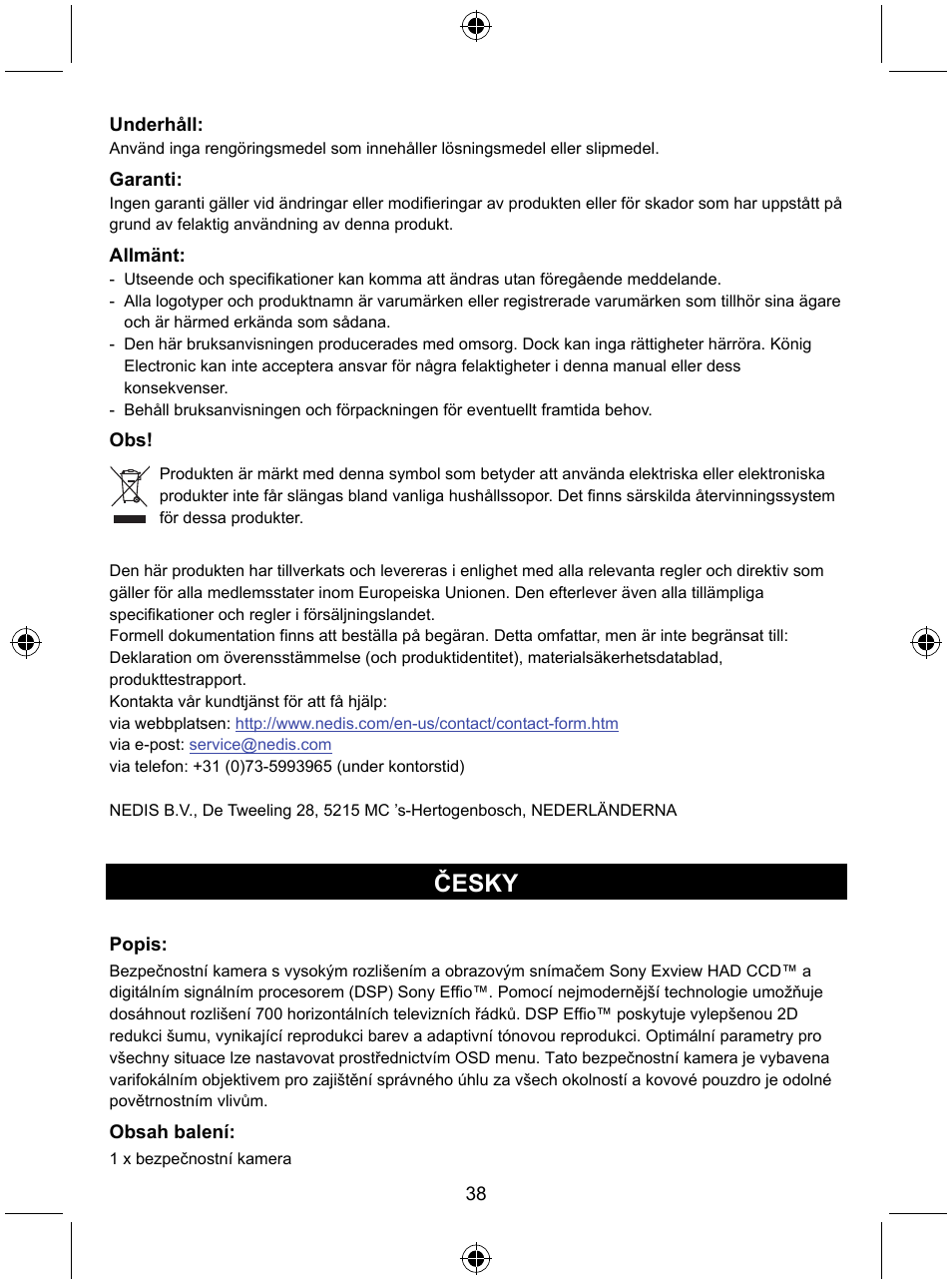 Česky | Konig Electronic Security camera with Sony Effio digital signal processor and varifocal lens User Manual | Page 38 / 64