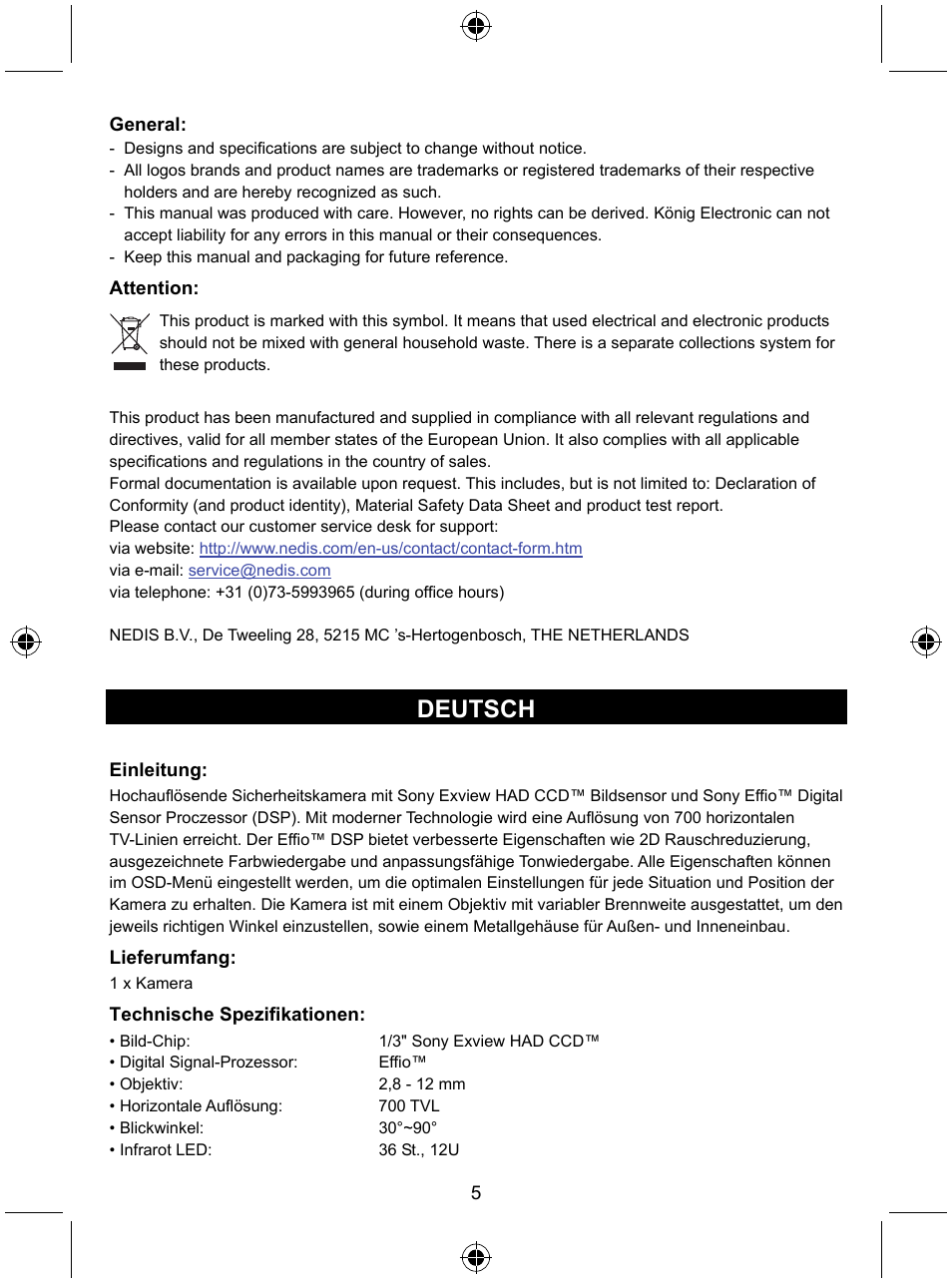 Deutsch | Konig Electronic Security camera with Sony Effio digital signal processor and varifocal lens User Manual | Page 5 / 64