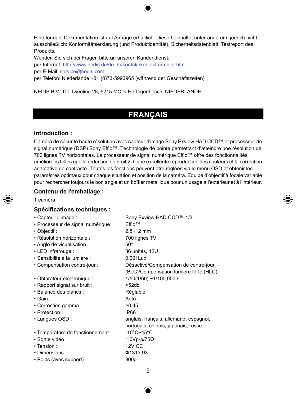 Français | Konig Electronic Security camera with Sony Effio digital signal processor and varifocal lens User Manual | Page 9 / 64