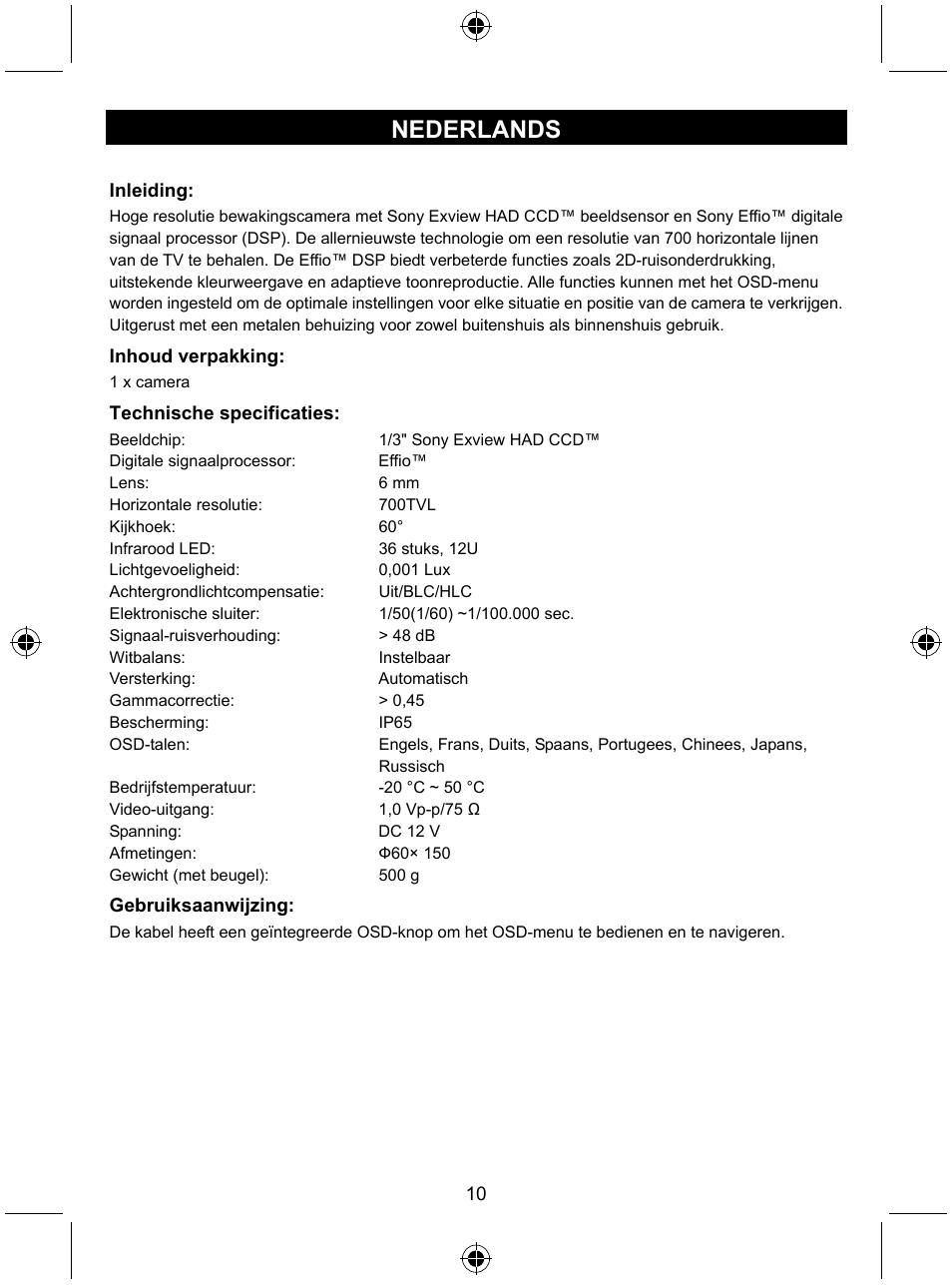 Nederlands | Konig Electronic Security camera with Sony Effio digital signal processor User Manual | Page 10 / 42