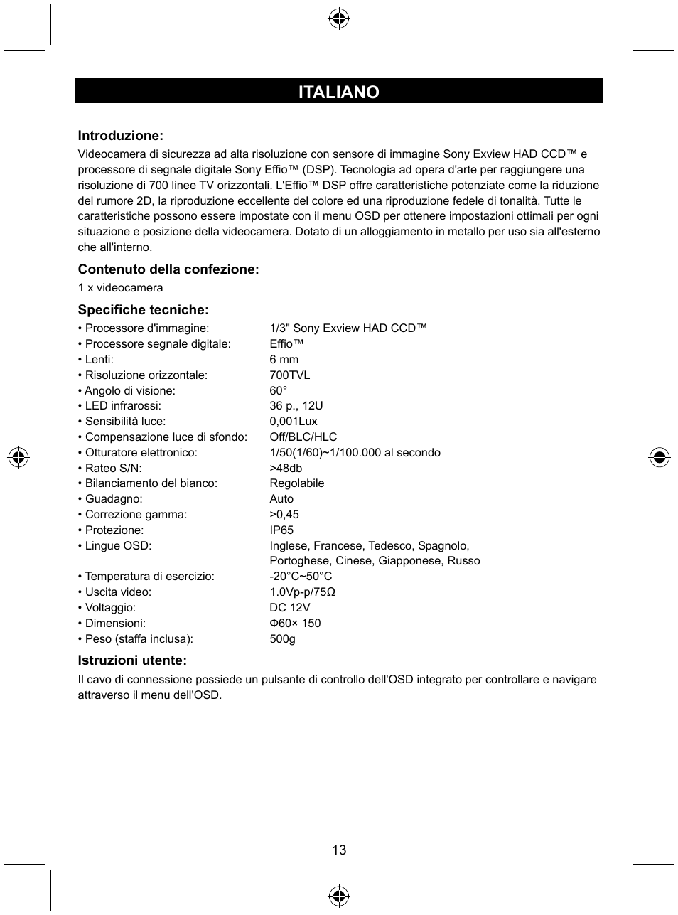 Italiano | Konig Electronic Security camera with Sony Effio digital signal processor User Manual | Page 13 / 42