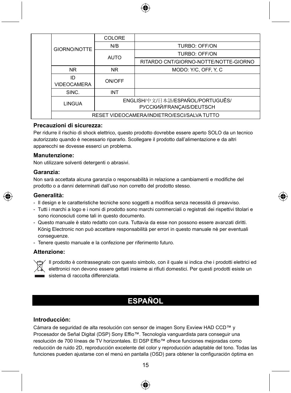 Español | Konig Electronic Security camera with Sony Effio digital signal processor User Manual | Page 15 / 42