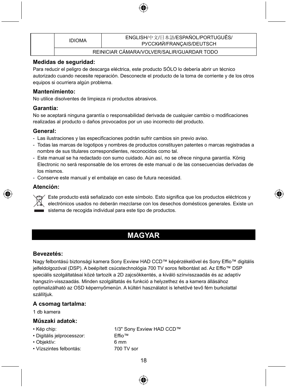 Magyar | Konig Electronic Security camera with Sony Effio digital signal processor User Manual | Page 18 / 42