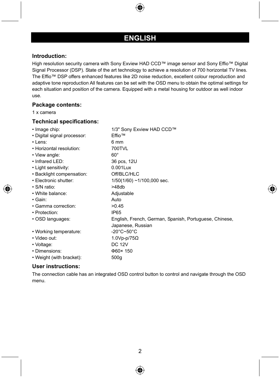 English | Konig Electronic Security camera with Sony Effio digital signal processor User Manual | Page 2 / 42