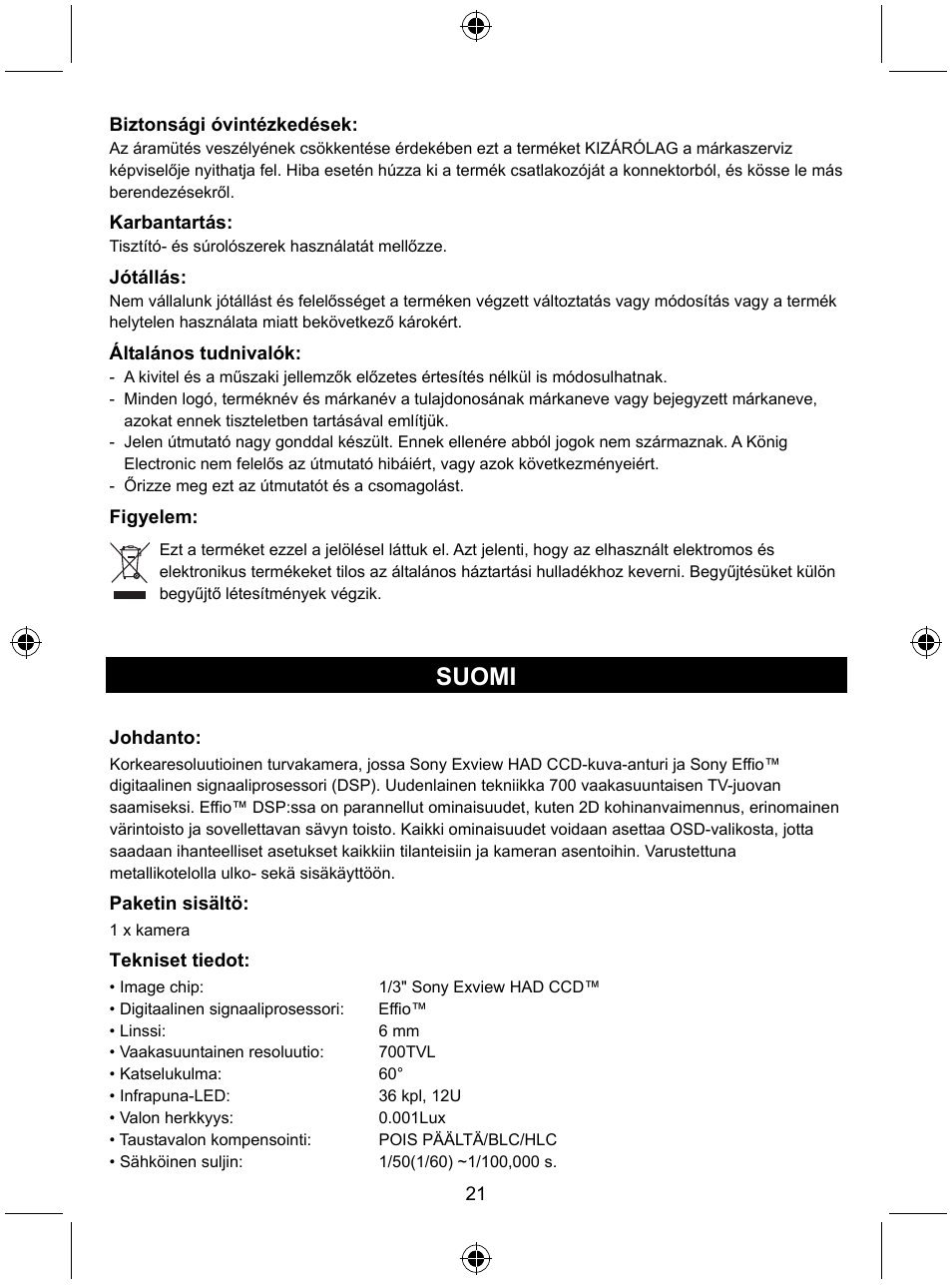 Suomi | Konig Electronic Security camera with Sony Effio digital signal processor User Manual | Page 21 / 42