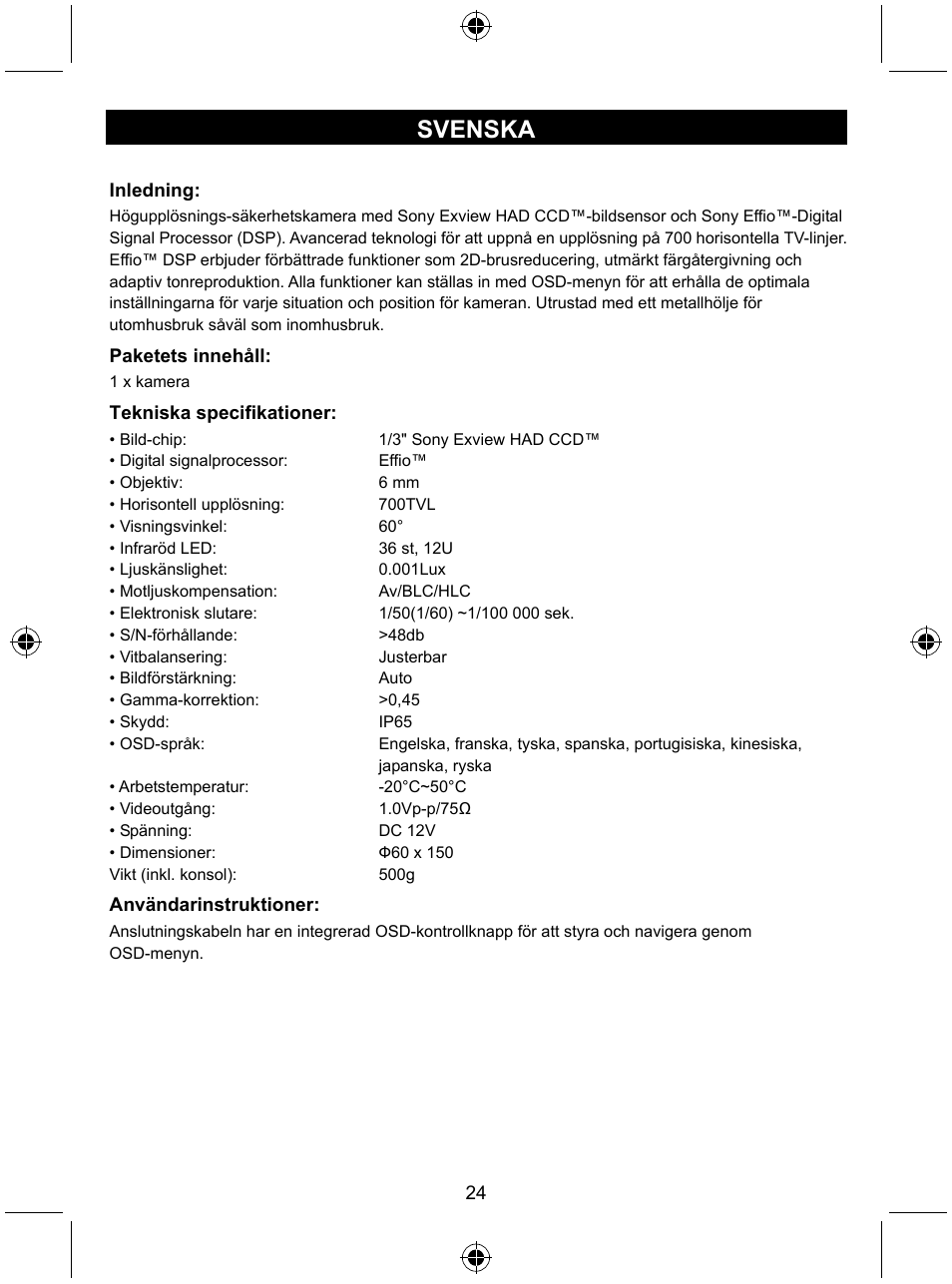 Svenska | Konig Electronic Security camera with Sony Effio digital signal processor User Manual | Page 24 / 42