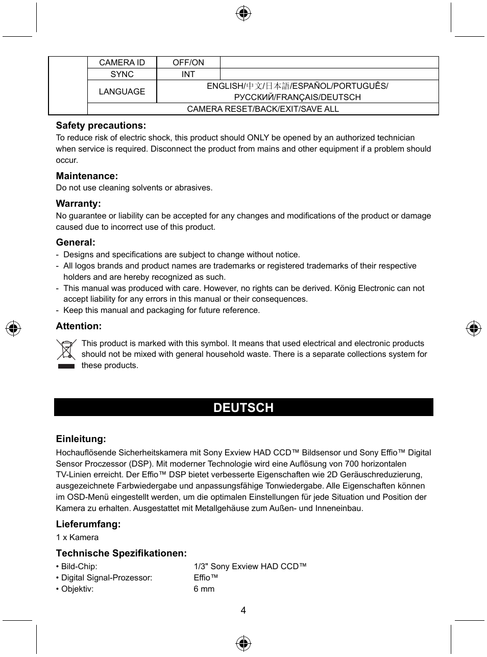 Deutsch | Konig Electronic Security camera with Sony Effio digital signal processor User Manual | Page 4 / 42