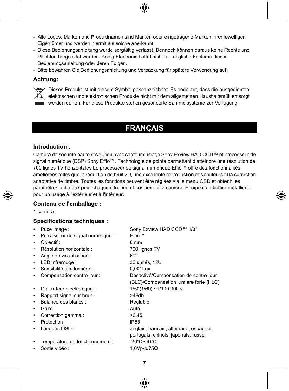 Français | Konig Electronic Security camera with Sony Effio digital signal processor User Manual | Page 7 / 42