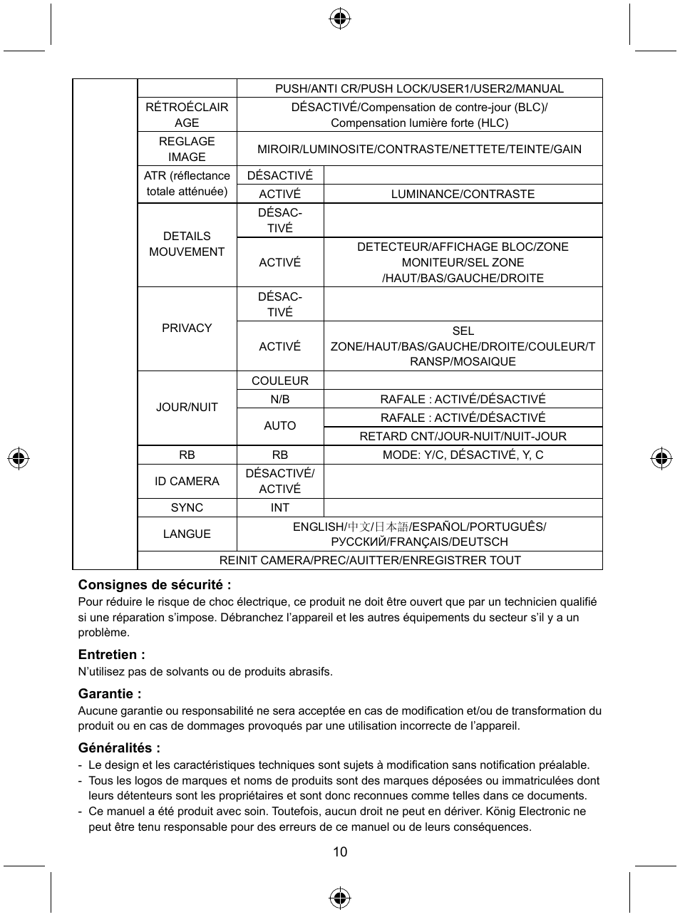 Konig Electronic Security camera with Sony Effio digital signal processor and varifocal lens User Manual | Page 10 / 54