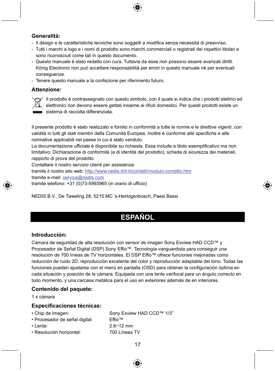 Español | Konig Electronic Security camera with Sony Effio digital signal processor and varifocal lens User Manual | Page 17 / 54