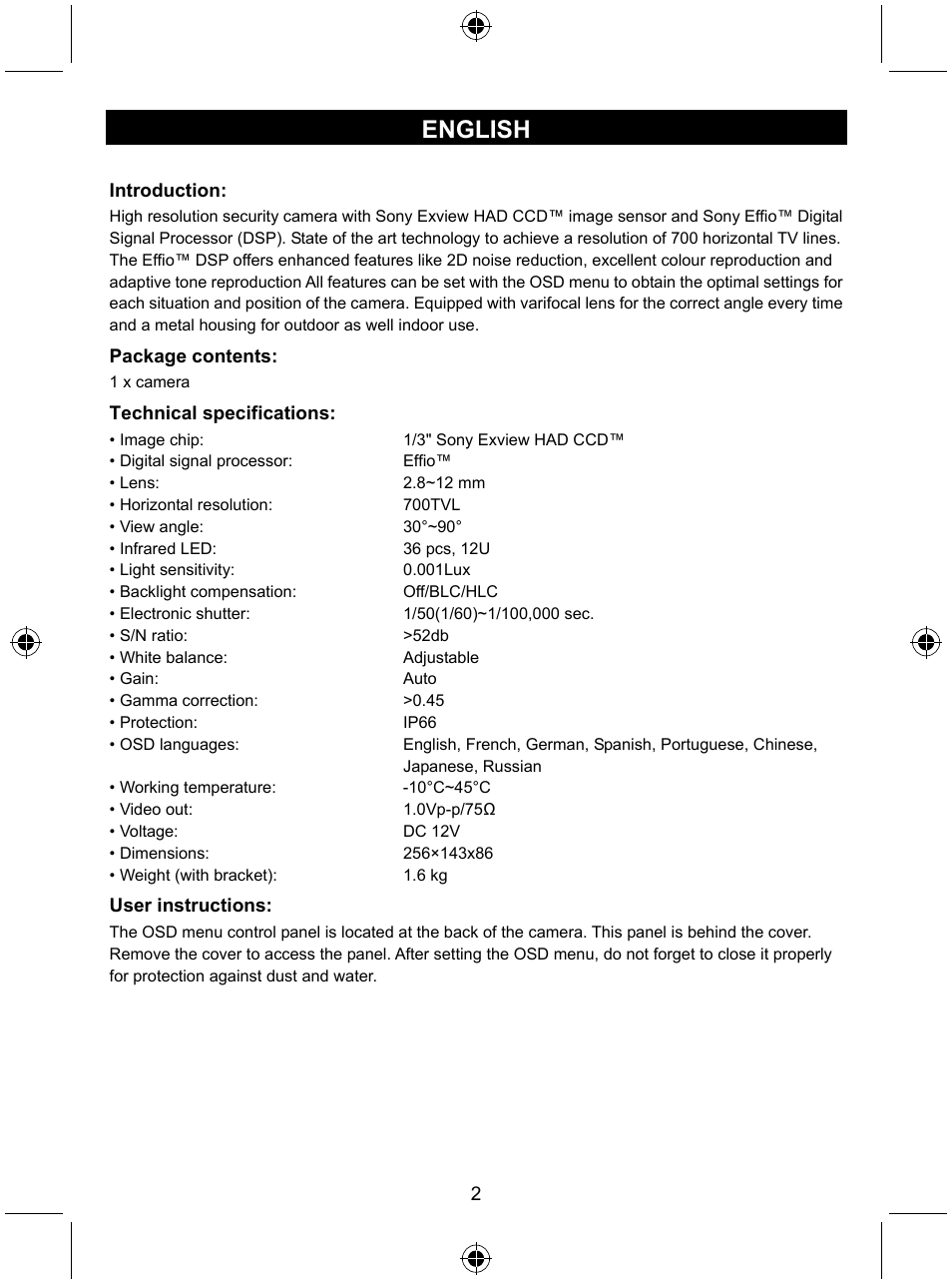 English | Konig Electronic Security camera with Sony Effio digital signal processor and varifocal lens User Manual | Page 2 / 54