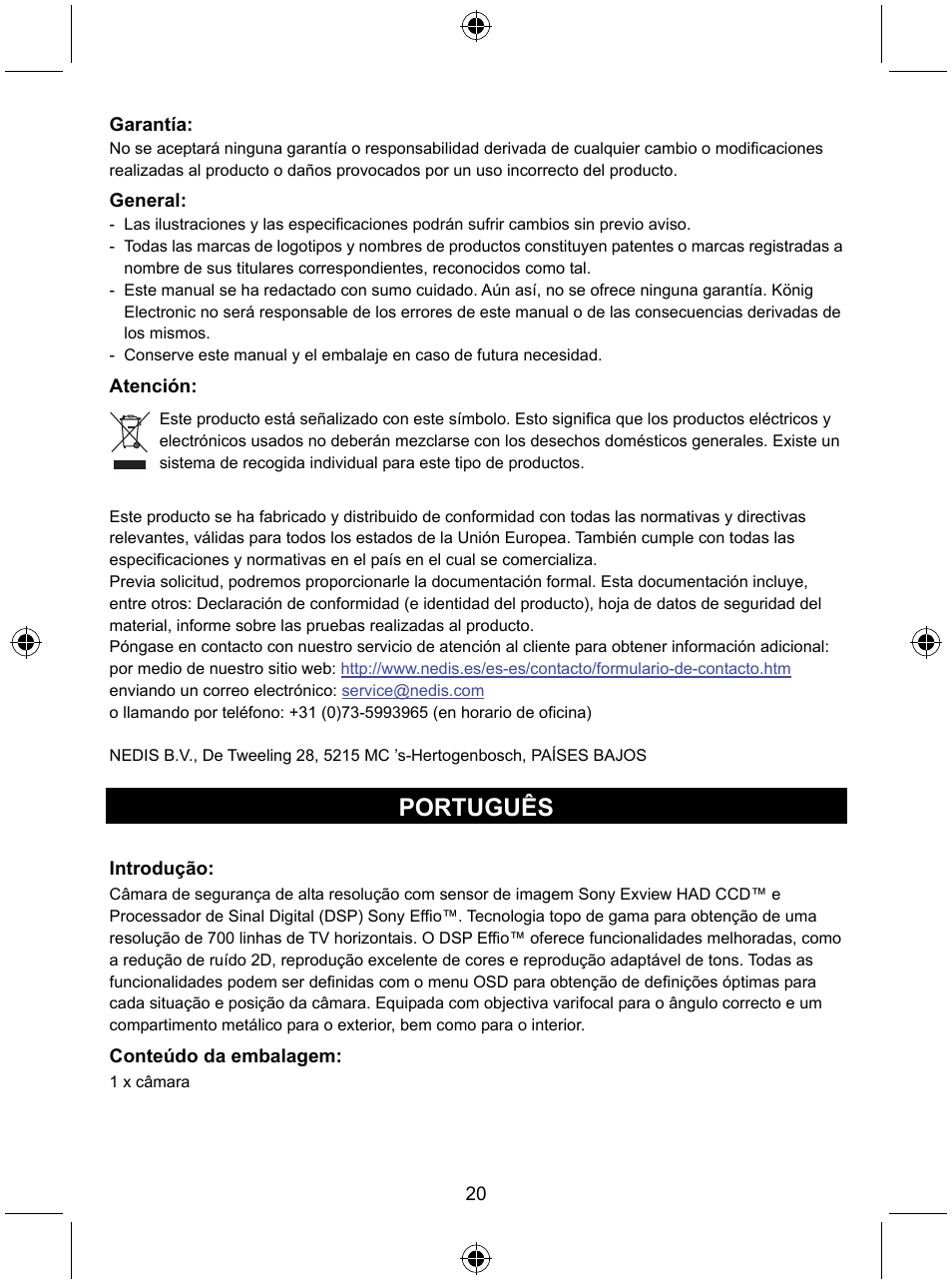 Português | Konig Electronic Security camera with Sony Effio digital signal processor and varifocal lens User Manual | Page 20 / 54