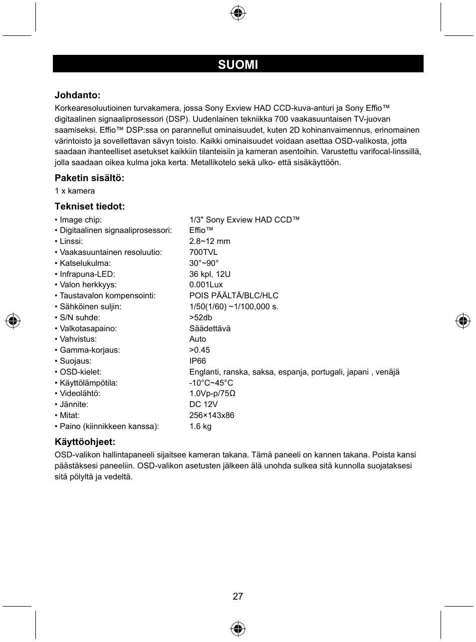 Suomi | Konig Electronic Security camera with Sony Effio digital signal processor and varifocal lens User Manual | Page 27 / 54