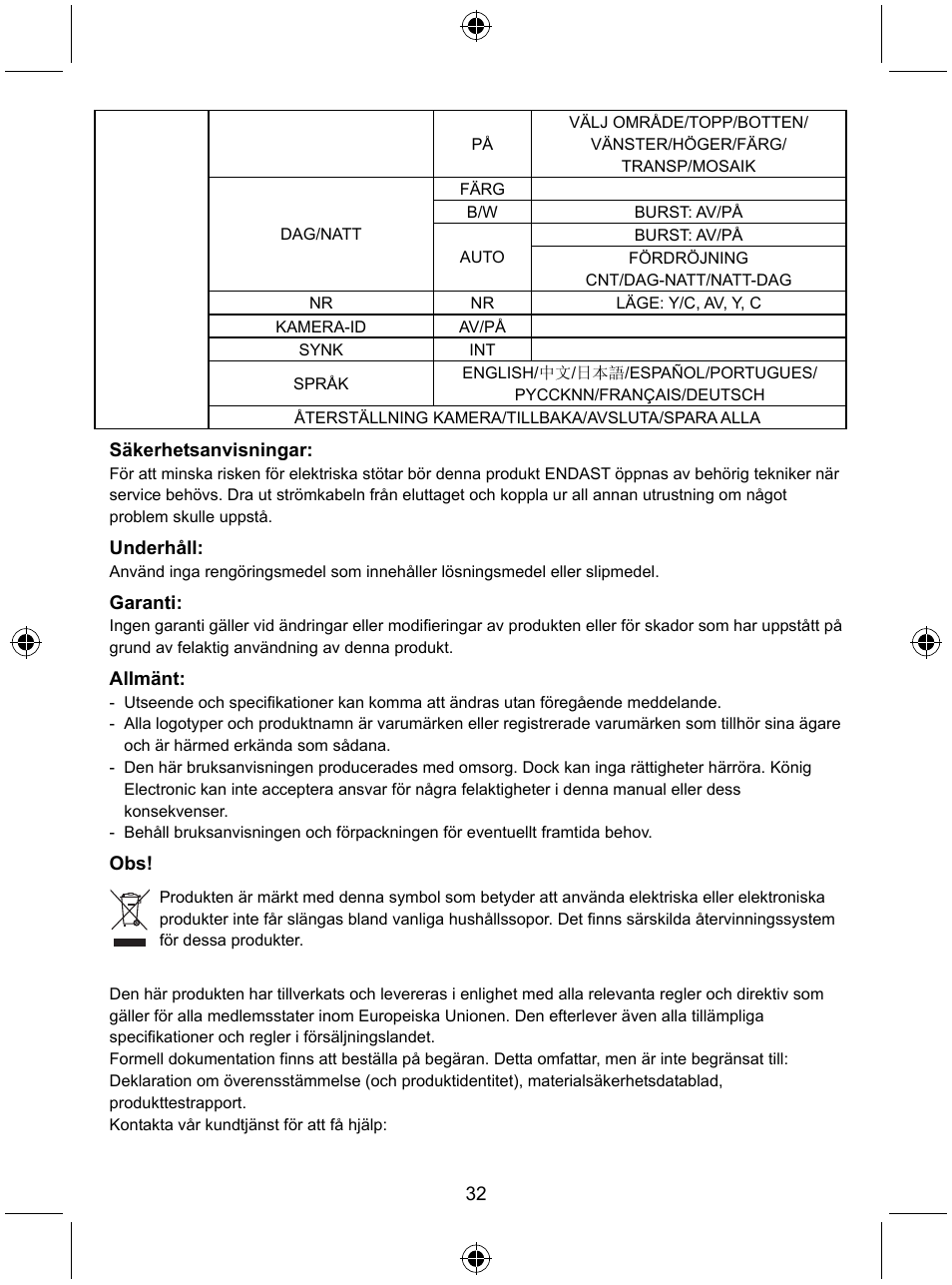 Konig Electronic Security camera with Sony Effio digital signal processor and varifocal lens User Manual | Page 32 / 54