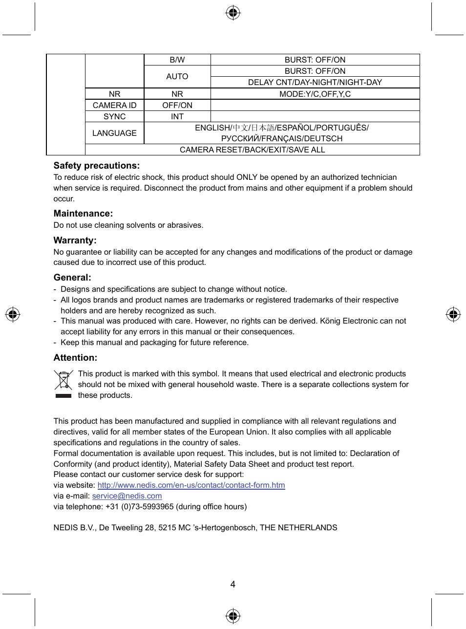 Konig Electronic Security camera with Sony Effio digital signal processor and varifocal lens User Manual | Page 4 / 54