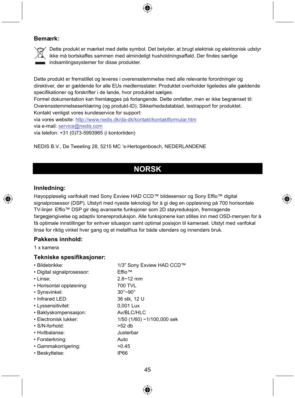 Norsk | Konig Electronic Security camera with Sony Effio digital signal processor and varifocal lens User Manual | Page 45 / 54
