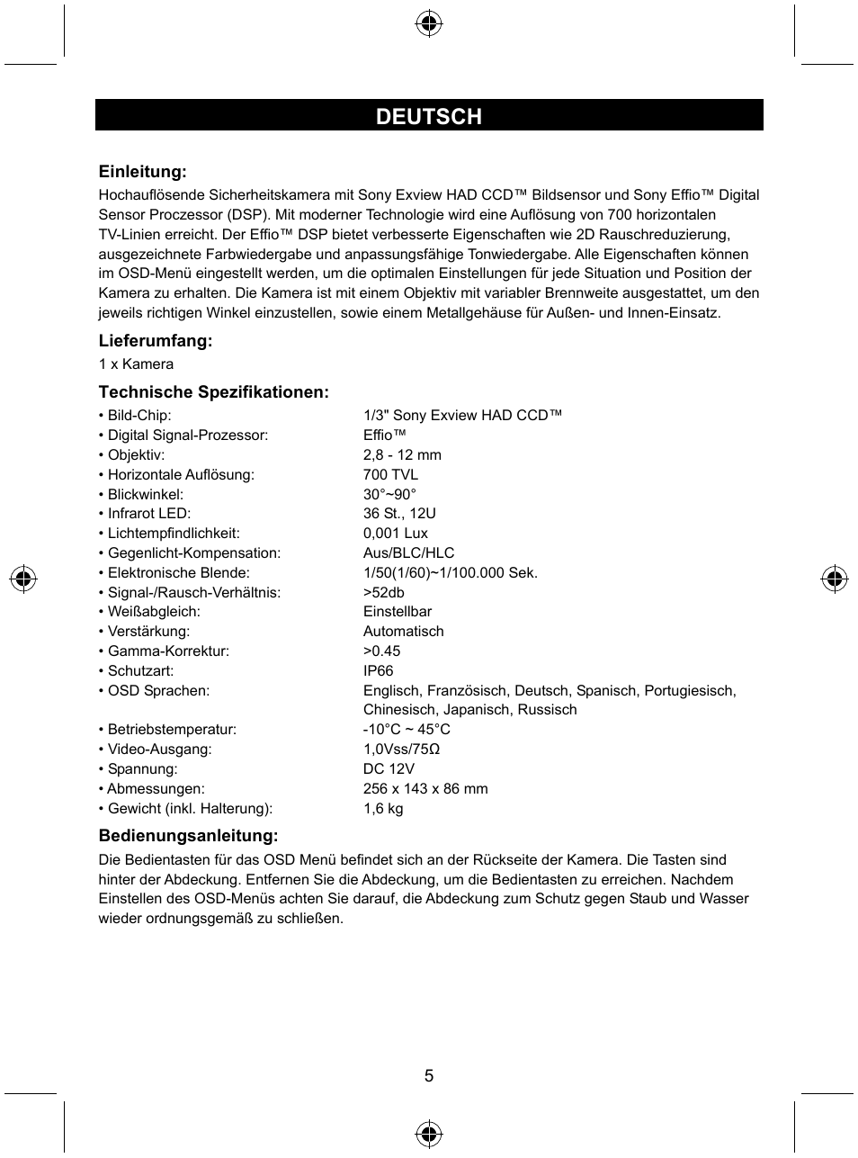Deutsch | Konig Electronic Security camera with Sony Effio digital signal processor and varifocal lens User Manual | Page 5 / 54