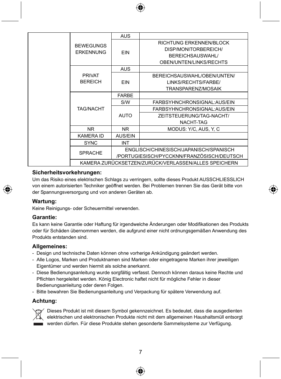 Konig Electronic Security camera with Sony Effio digital signal processor and varifocal lens User Manual | Page 7 / 54