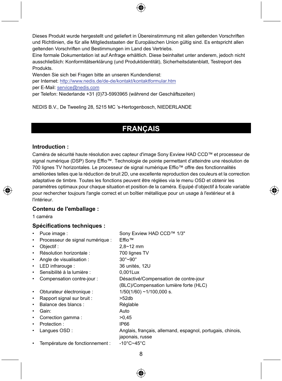 Français | Konig Electronic Security camera with Sony Effio digital signal processor and varifocal lens User Manual | Page 8 / 54