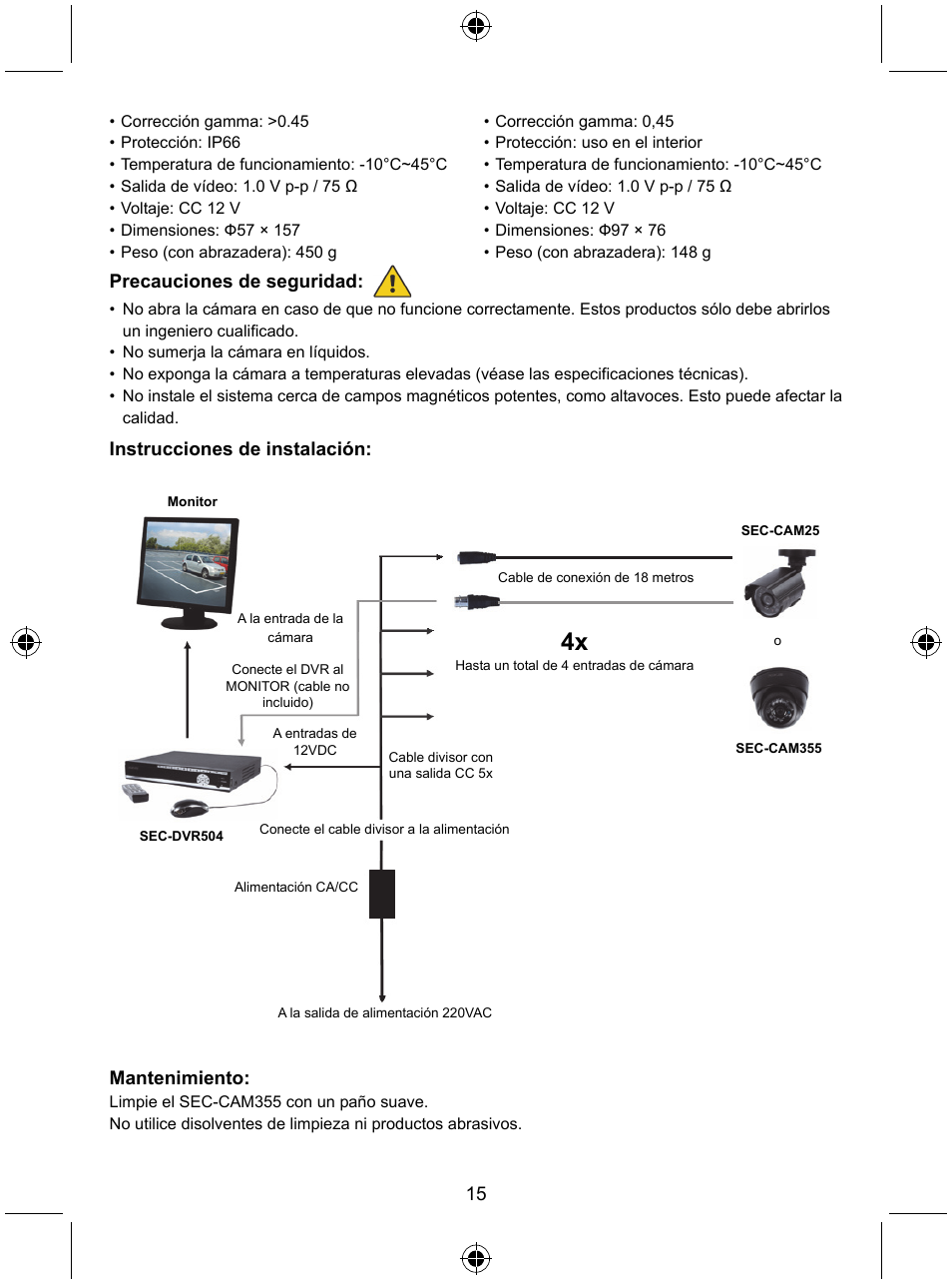 Precauciones de seguridad, Instrucciones de instalación, Mantenimiento | Konig Electronic CCTV camera with IR led User Manual | Page 15 / 44