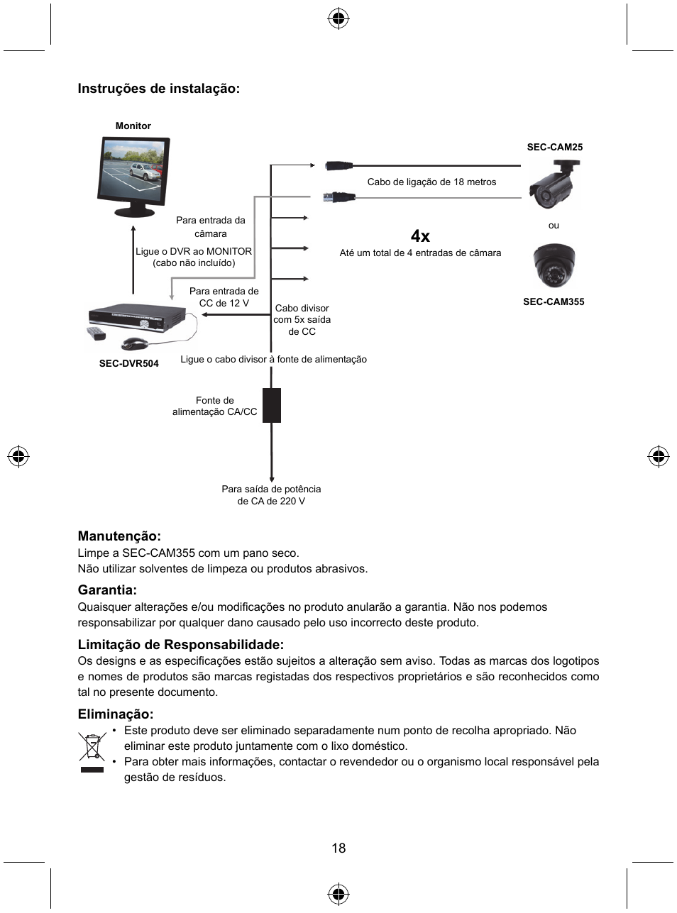 18 instruções de instalação, Manutenção, Garantia | Limitação de responsabilidade, Eliminação | Konig Electronic CCTV camera with IR led User Manual | Page 18 / 44