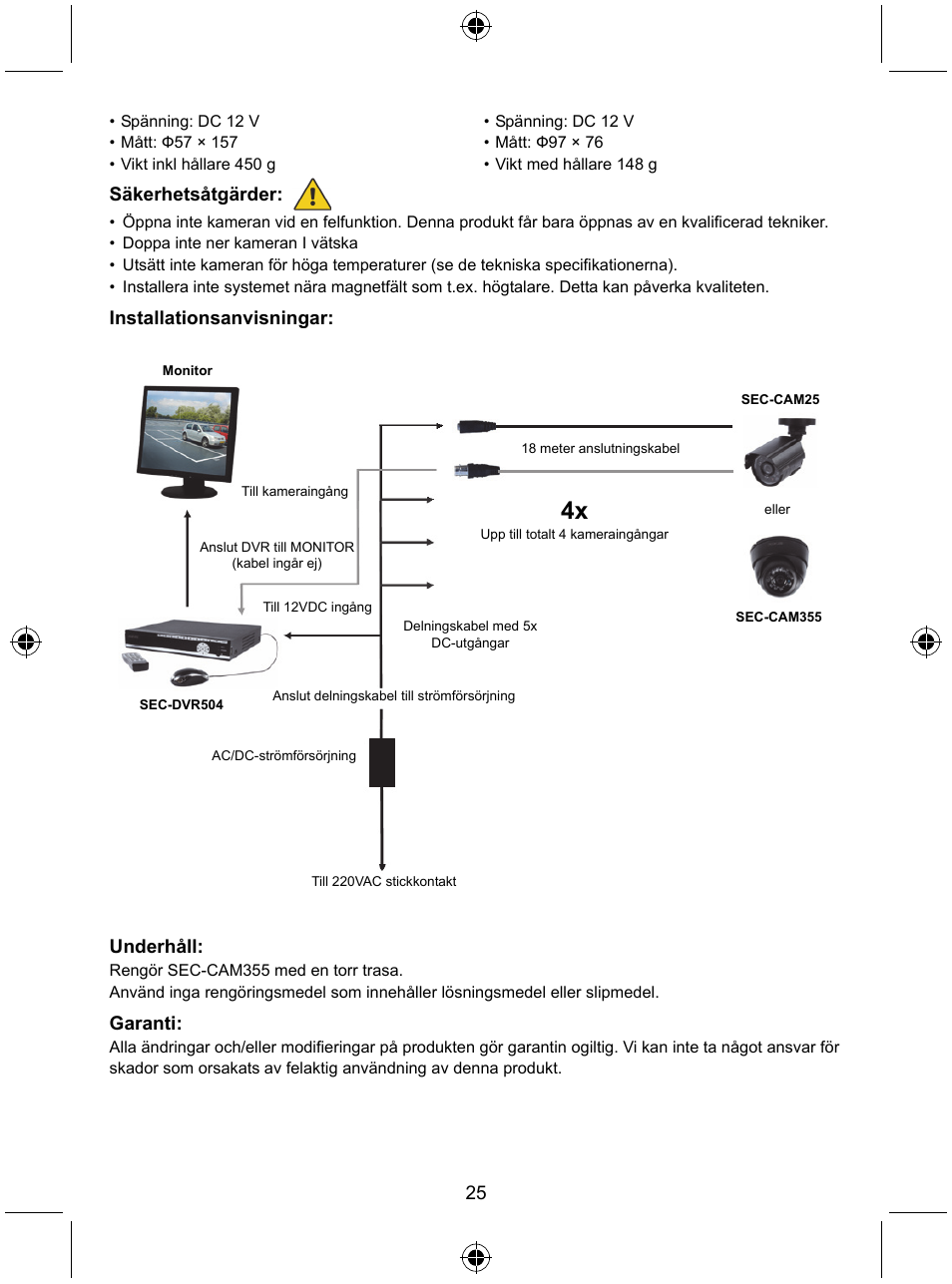 Säkerhetsåtgärder, Installationsanvisningar, Underhåll | Garanti | Konig Electronic CCTV camera with IR led User Manual | Page 25 / 44