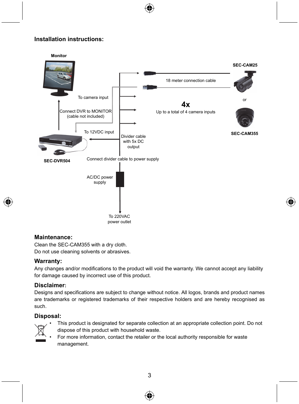 3installation instructions, Maintenance, Warranty | Disclaimer, Disposal | Konig Electronic CCTV camera with IR led User Manual | Page 3 / 44