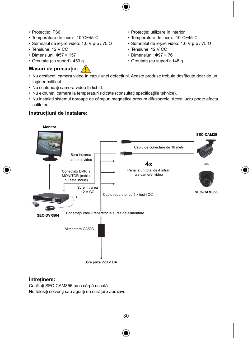 Măsuri de precauţie, Instrucţiuni de instalare, Întreţinere | Konig Electronic CCTV camera with IR led User Manual | Page 30 / 44