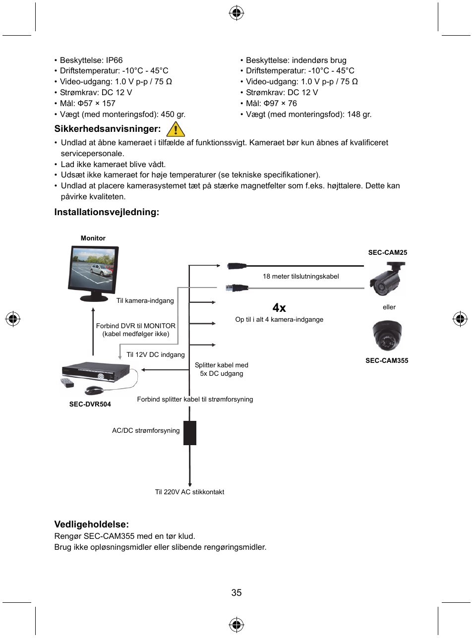 Sikkerhedsanvisninger, Installationsvejledning, Vedligeholdelse | Konig Electronic CCTV camera with IR led User Manual | Page 35 / 44