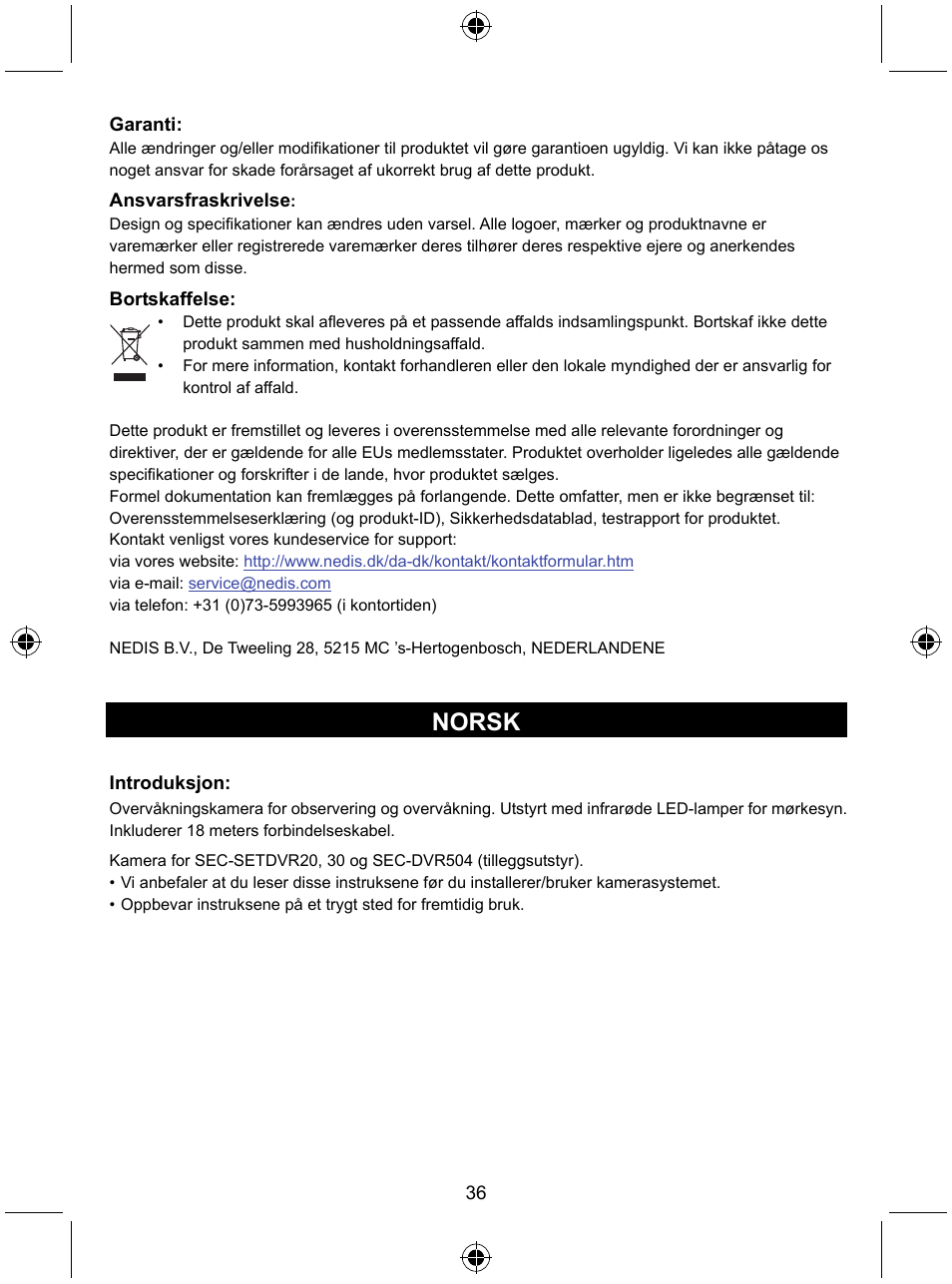 Norsk | Konig Electronic CCTV camera with IR led User Manual | Page 36 / 44