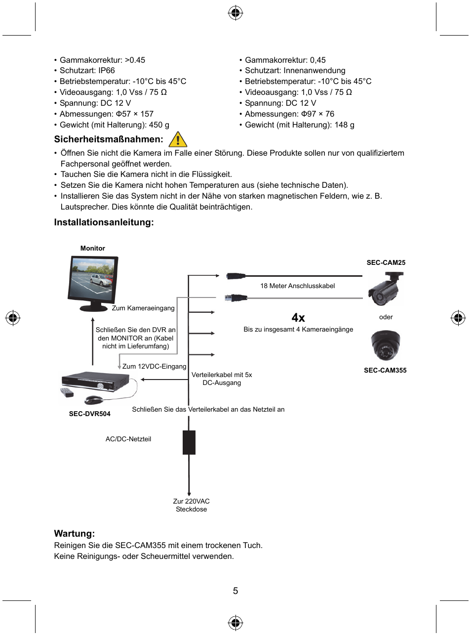 Sicherheitsmaßnahmen, Installationsanleitung, Wartung | Konig Electronic CCTV camera with IR led User Manual | Page 5 / 44