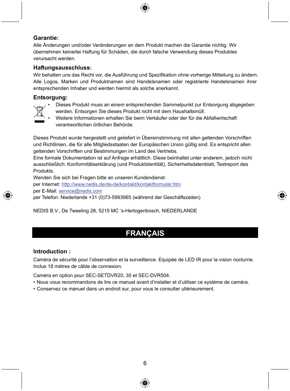 Français | Konig Electronic CCTV camera with IR led User Manual | Page 6 / 44