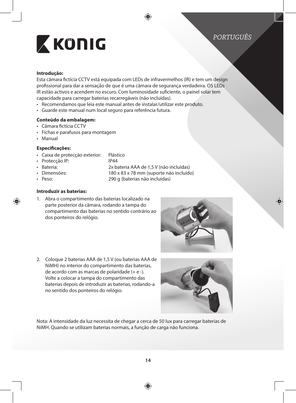 Português | Konig Electronic CCTV dummy camera with solar panel and IR LEDs that light up in dark User Manual | Page 14 / 51