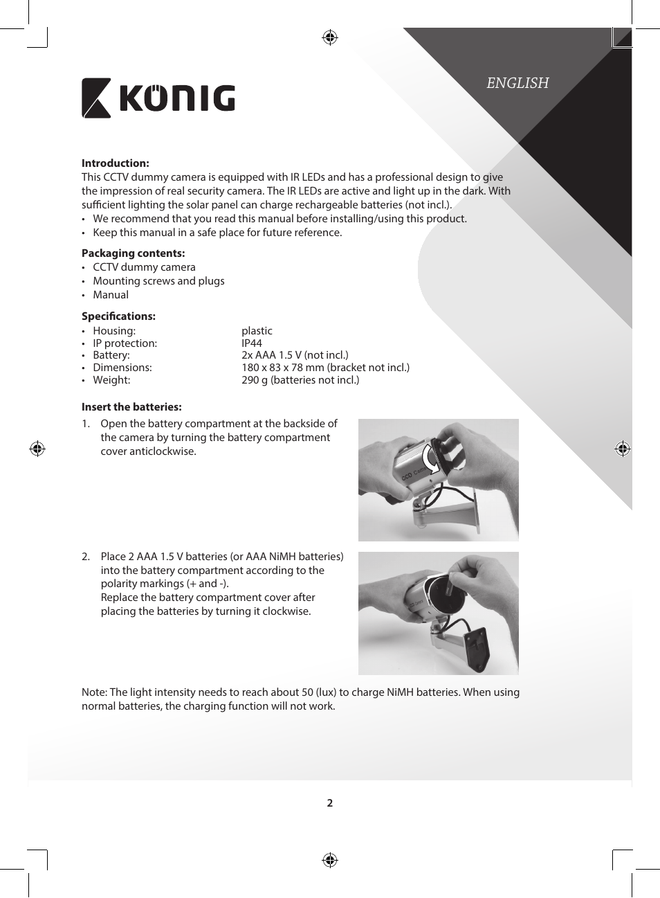English | Konig Electronic CCTV dummy camera with solar panel and IR LEDs that light up in dark User Manual | Page 2 / 51