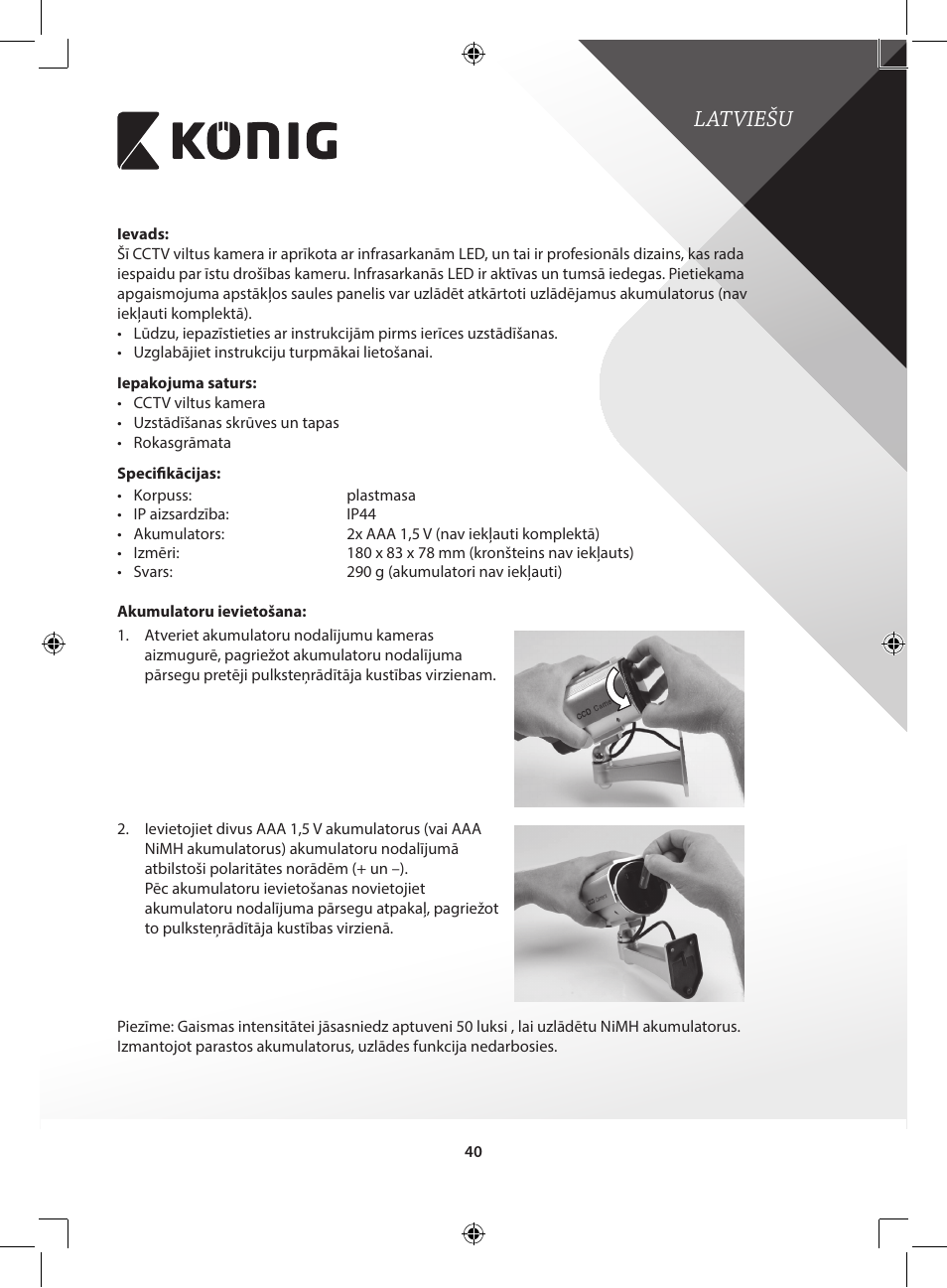 Latviešu | Konig Electronic CCTV dummy camera with solar panel and IR LEDs that light up in dark User Manual | Page 40 / 51