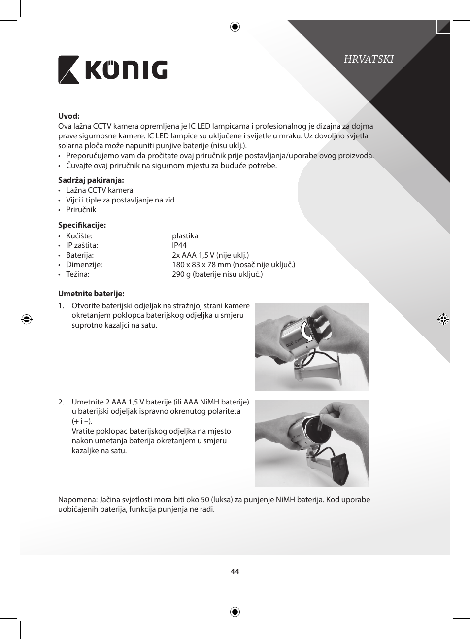 Hrvatski | Konig Electronic CCTV dummy camera with solar panel and IR LEDs that light up in dark User Manual | Page 44 / 51