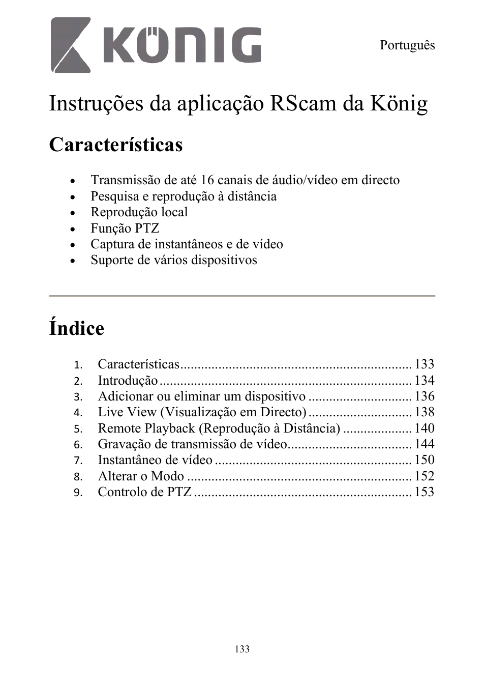 Instruções da aplicação rscam da könig, Características, Índice | Konig Electronic Digital security video recorder equipped with built-in 500 GB hard disk User Manual | Page 133 / 550