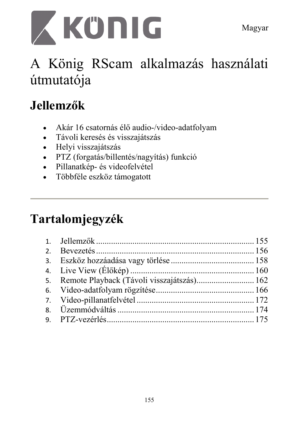 A könig rscam alkalmazás használati útmutatója, Jellemzők, Tartalomjegyzék | Konig Electronic Digital security video recorder equipped with built-in 500 GB hard disk User Manual | Page 155 / 550