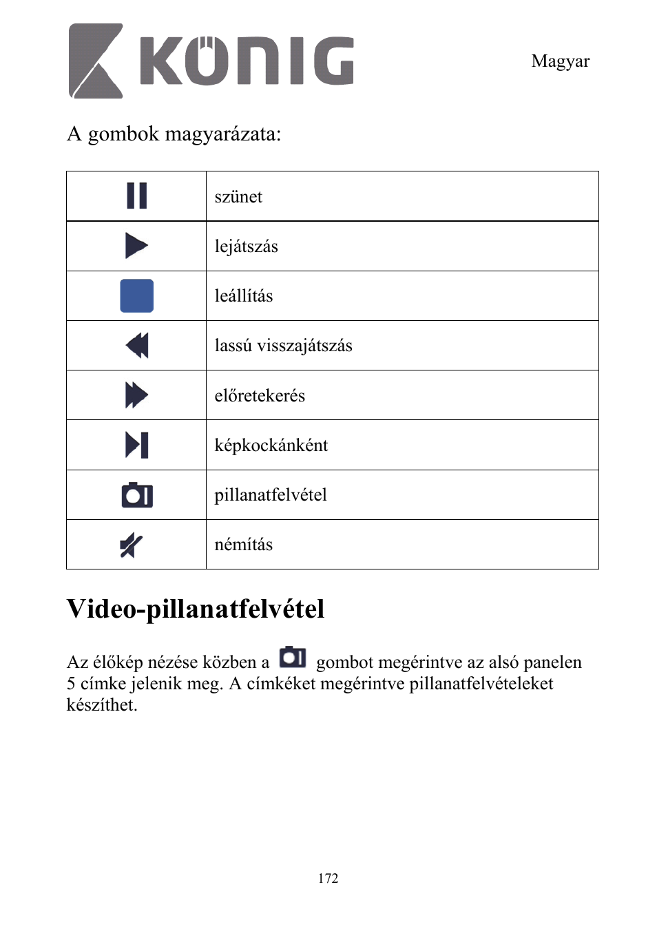 Video-pillanatfelvétel, A gombok magyarázata | Konig Electronic Digital security video recorder equipped with built-in 500 GB hard disk User Manual | Page 172 / 550