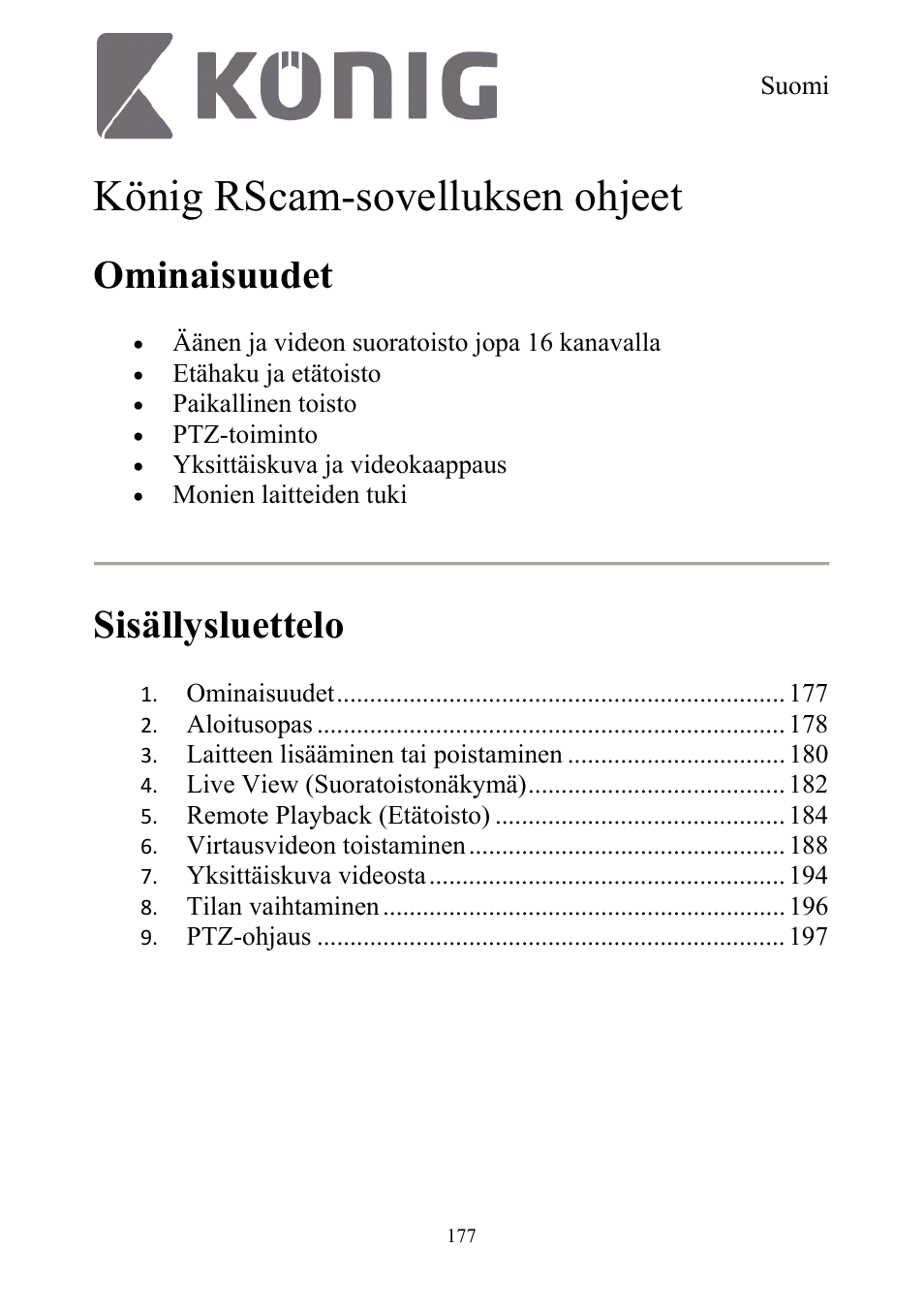 König rscam-sovelluksen ohjeet, Ominaisuudet, Sisällysluettelo | Konig Electronic Digital security video recorder equipped with built-in 500 GB hard disk User Manual | Page 177 / 550